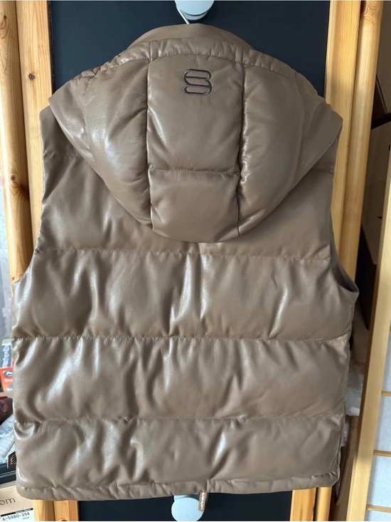 Aritzia Jackets & Blazers - Aritzia Taupe Leather-Look Puffer Vest with Hood